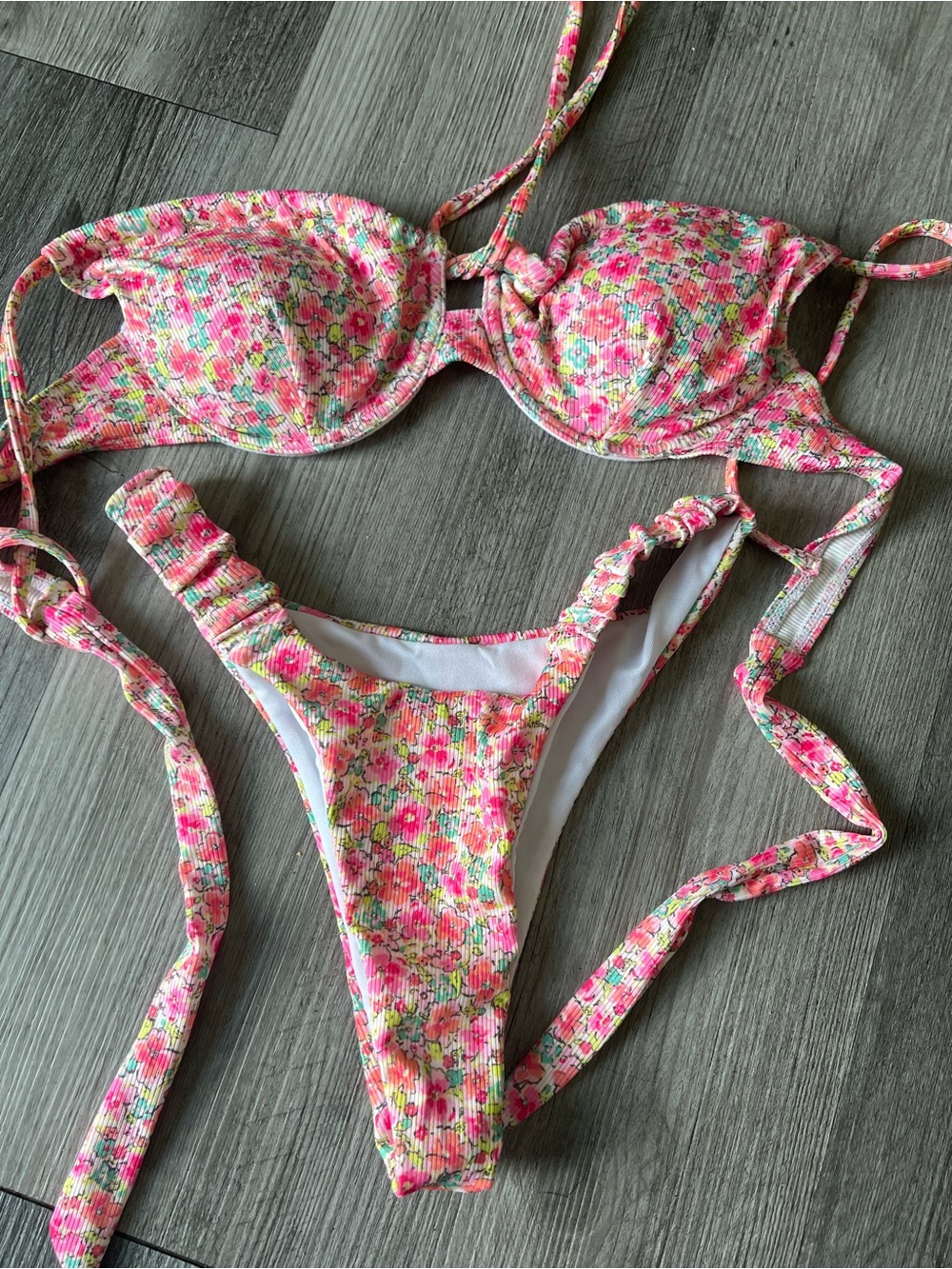 Pink Floral Ribbed Bikini Set
